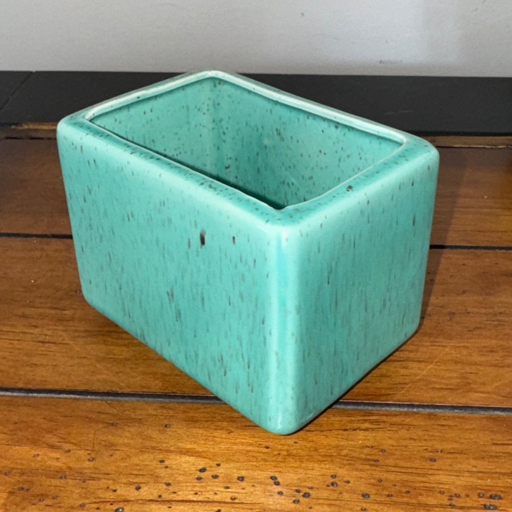 Vintage Planter Pot Aqua Glazed Ceramic 2.75x3.75x2.5” MCM Rectangular Flecks